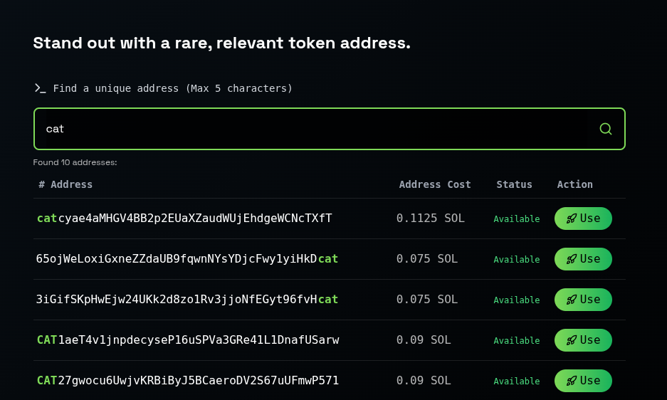 Search interface showing vanity address options